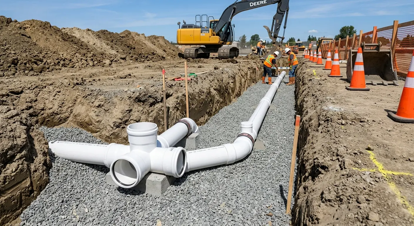 New PVC sewer pipe installation in open trench for Commercial Drain Cleaning in Wilmington