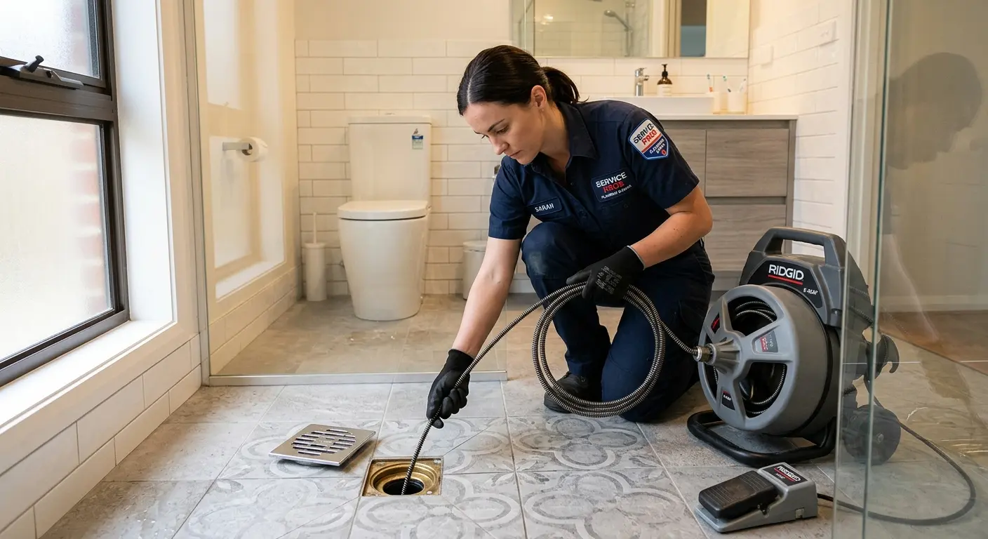 Technician clearing a bathroom floor drain for Clogged Drain Repair in Wilmington